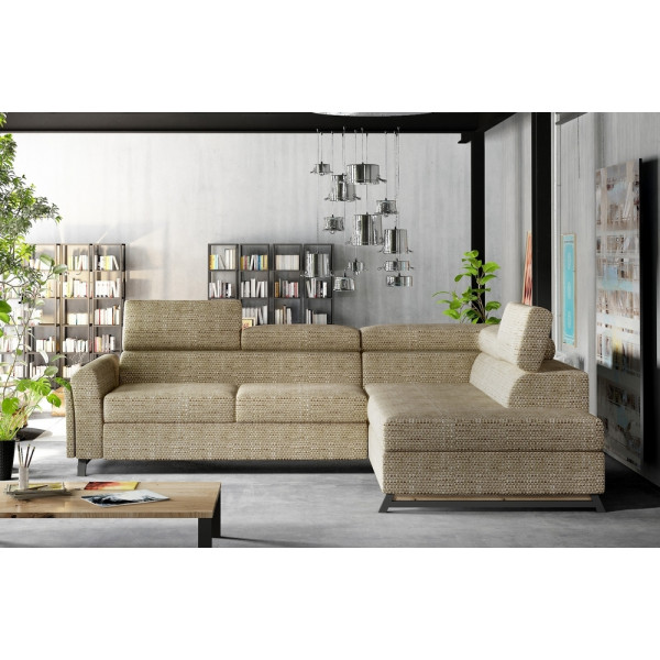 Canapé d'angle convertible - KARL - en tissu luxe 5 places, beige, angle droit (vu de face)