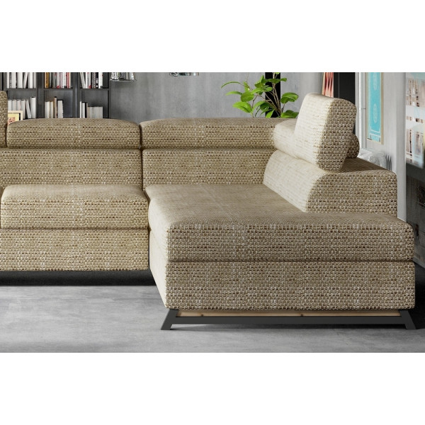 Canapé d'angle convertible - KARL - en tissu luxe 5 places, beige, angle droit (vu de face)