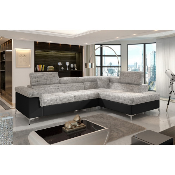 Canapé d'angle convertible - ERMAN - en tissu et simili 5 places, gris et noir, angle droit (vu de face)