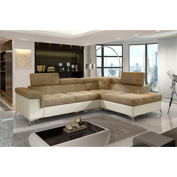 Canapé d'angle convertible - ERMAN - en tissu et simili 5 places, marron et écru, angle droit (vu de face)