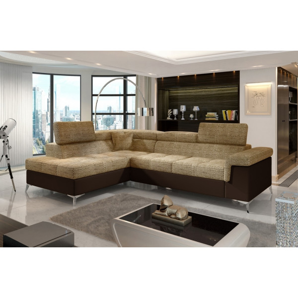 Canapé d'angle convertible - ERMAN - en tissu et simili 5 places, marron et chocolat, angle gauche (vu de face)
