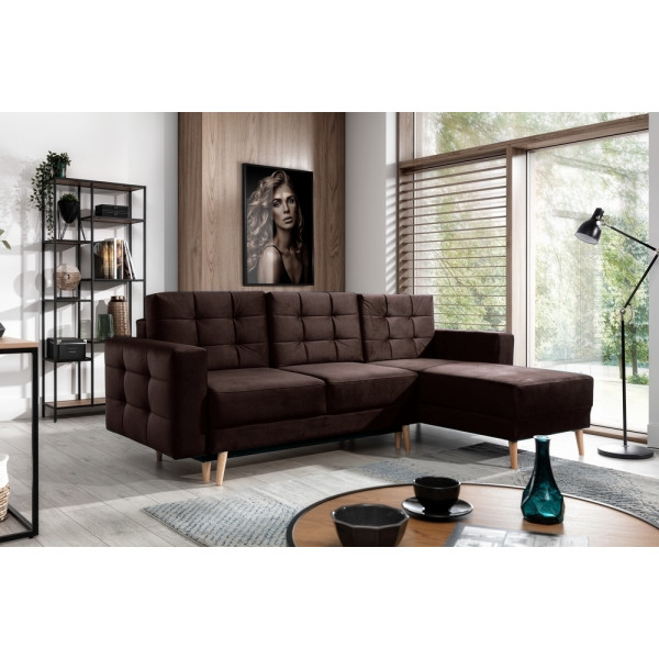 Canapé d'angle convertible ASSIA VELOURS - en tissu de qualité 5 places, marron foncé, angle droit (vu de face)