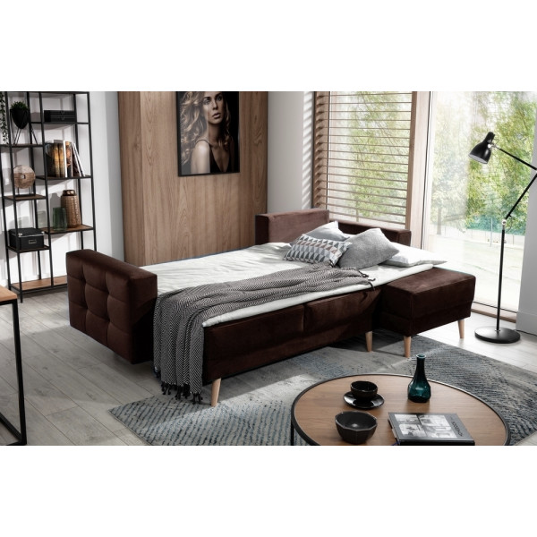 Canapé d'angle convertible ASSIA VELOURS - en tissu de qualité 5 places, marron foncé, angle droit (vu de face)