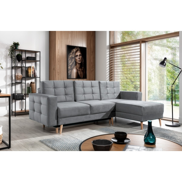 Canapé d'angle convertible ASSIA VELOURS - en tissu de qualité 5 places, gris, angle droit (vu de face)