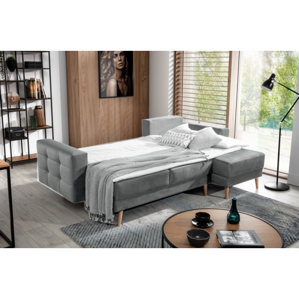Canapé d'angle convertible ASSIA VELOURS - en tissu de qualité 5 places, gris, angle droit (vu de face)