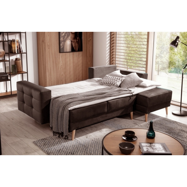 Canapé d'angle convertible ASSIA en tissu de qualité 5 places, marron foncé, angle droit (vu de face)