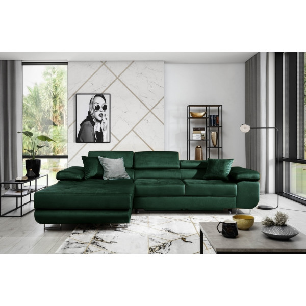 Canapé d'angle convertible ARMEL en tissu velours luxe 5 places, couleur vert foncé, avec coffre, angle gauche