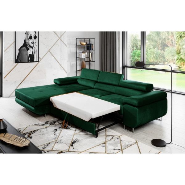 Canapé d'angle convertible ARMEL en tissu velours luxe 5 places, couleur vert foncé, avec coffre, angle gauche