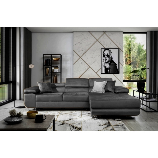 Canapé d'angle convertible ARMEL en tissu velours luxe 5 places, gris anthracite, avec coffre, angle droit (vu de face)