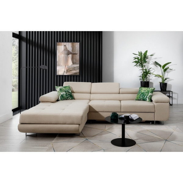- Canapé d'angle convertible ARMEL en tissu luxe 5 places, beige, avec coffre, angle gauche (vu de face)