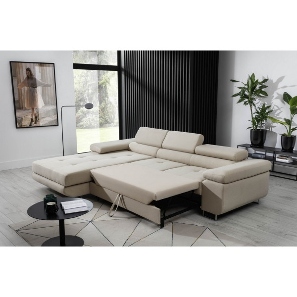 - Canapé d'angle convertible ARMEL en tissu luxe 5 places, beige, avec coffre, angle gauche (vu de face)