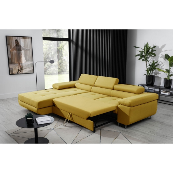 Canapé d'angle convertible ARMEL en tissu luxe 5 places, jaune moutarde, avec coffre, angle gauche (vu de face)