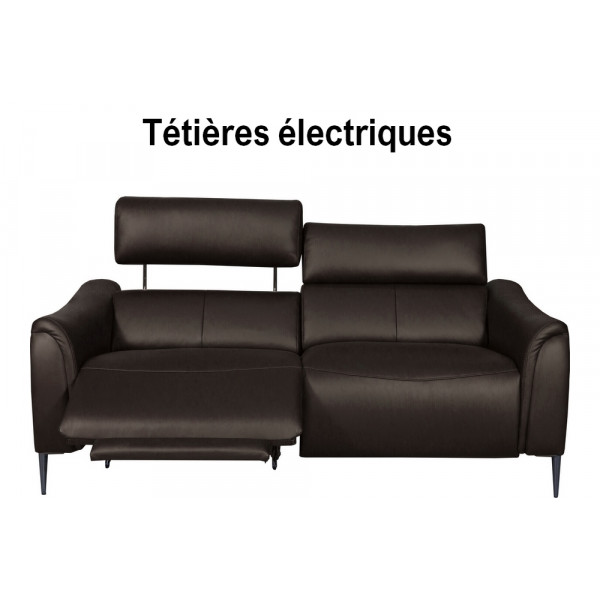 Canapé 2 places en 100% tout cuir épais de luxe italien avec 2 relax électriques et 2 têtières électriques, MILAN, chocolat