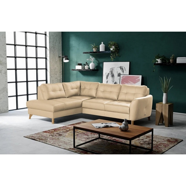 Canapé d'angle convertible en cuir italien de luxe 5 places NORIA avec coffre, beige, angle gauche