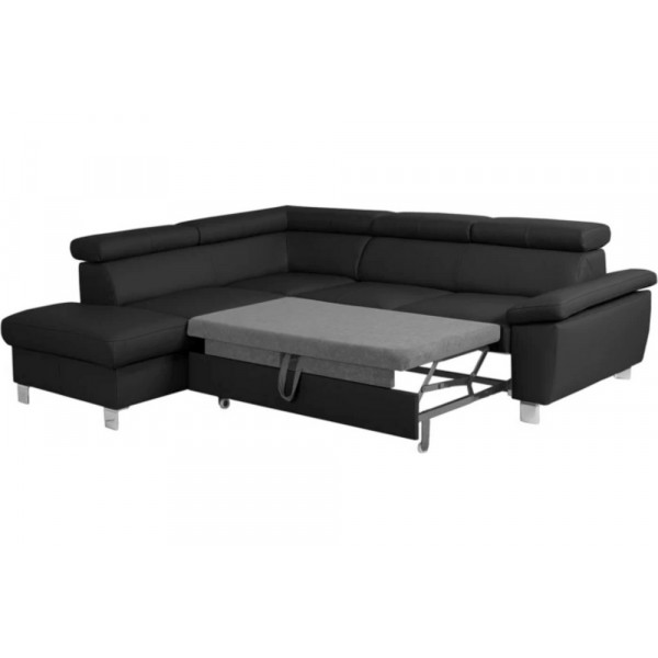 Canapé d'angle convertible en cuir italien de luxe 5 places LUTECIA avec coffre, noir, angle gauche