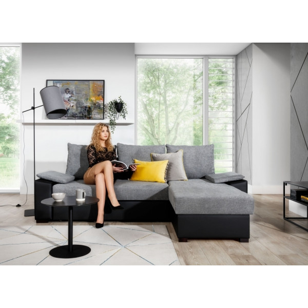 Canapé d'angle convertible, en tissu gris et simili noir, angle droit (vu de face) - LUCAS