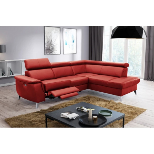 Canapé d'angle en cuir italien de luxe 5/6 places avec relax électrique et coffre, LINCOLN, rouge foncé, angle droit