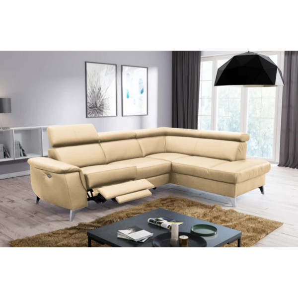 Canapé d'angle en cuir italien de luxe 5/6 places avec relax électrique et coffre, LINCOLN, beige, angle droit