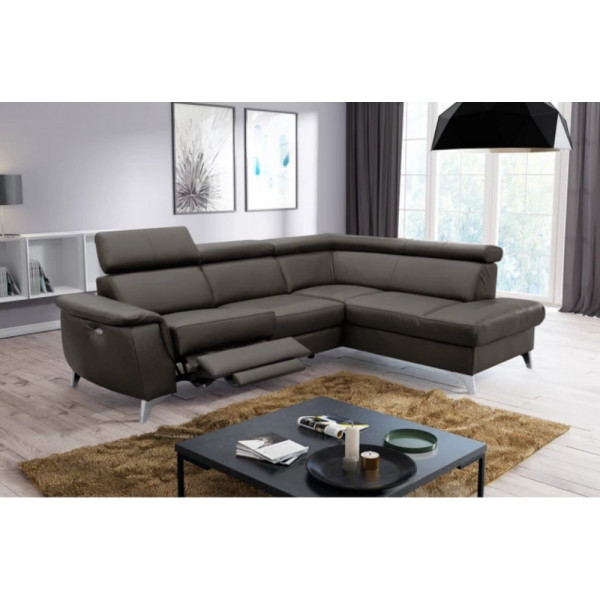 Canapé d'angle en cuir italien de luxe 5/6 places avec relax électrique et coffre, LINCOLN, chocolat, angle droit