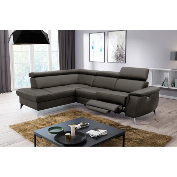 Canapé d'angle en cuir italien de luxe 5/6 places avec relax électrique et coffre, LINCOLN, chocolat, angle gauche