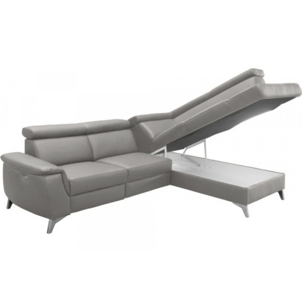 Canapé d'angle en cuir italien de luxe 5/6 places avec relax électrique et coffre, LINCOLN, gris clair, angle droit