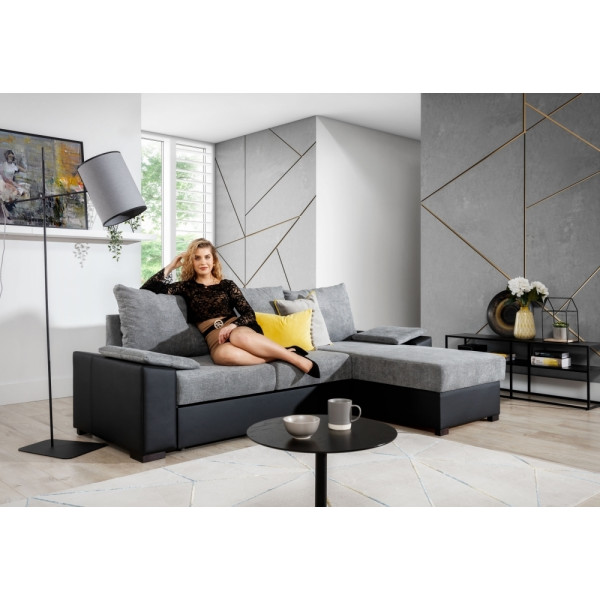 Canapé d'angle convertible, en tissu gris et simili noir, angle droit (vu de face) - LUCAS