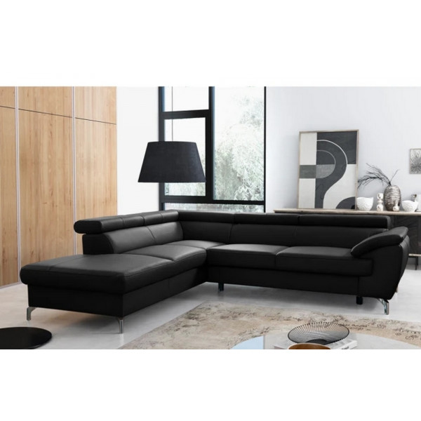 - Canapé d'angle convertible en cuir italien de luxe 5/6 places FINLANDE avec coffre, noir, angle gauche