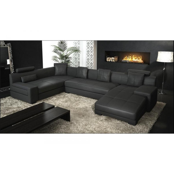 Canapé d'angle en cuir italien 8 places, VENESIA, noir, angle gauche
