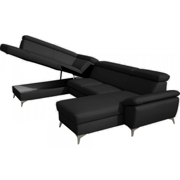 Canapé d'angle convertible en cuir italien de luxe 7/8 places WARINI avec coffre, noir, angle gauche