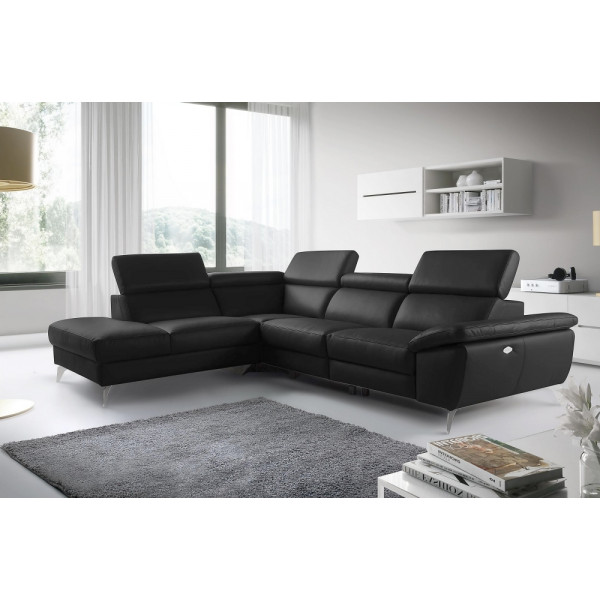 Canapé d'angle relax en 100% tout cuir épais de luxe italien avec relax électrique, 5/6 places KASTER, noir, angle gauche