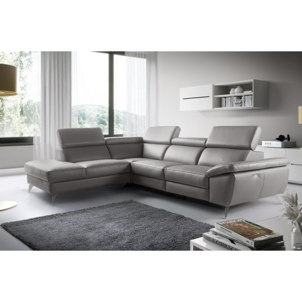 Canapé d'angle relax en 100% tout cuir épais de luxe italien avec relax électrique, 5/6 places KASTER, taupe, angle gauche