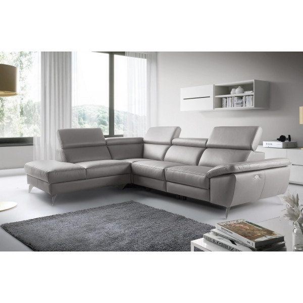Canapé d'angle relax en 100% tout cuir épais de luxe italien avec relax électrique, 5/6 places KASTER, gris clair, angle gauche