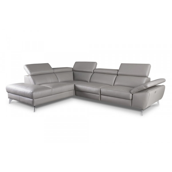 Canapé d'angle relax en 100% tout cuir épais de luxe italien avec relax électrique, 5/6 places KASTER, gris clair, angle gauche