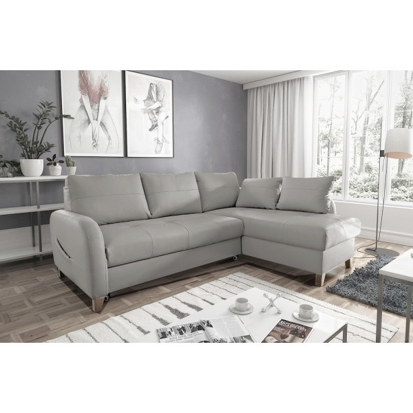 Canapé d'angle convertible en cuir de luxe italien , 5 places CONFORIA, gris clair, angle droit