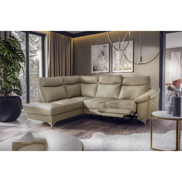 Canapé d'angle en cuir italien de luxe 5 places LUZERNE, avec relax électrique et coffre, beige, angle gauche