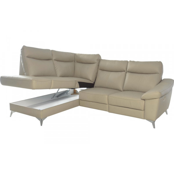 Canapé d'angle en cuir italien de luxe 5 places LUZERNE, avec relax électrique et coffre, beige, angle gauche