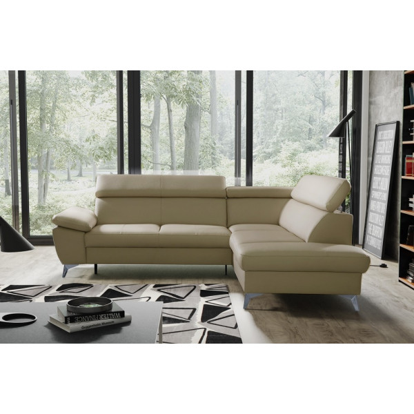 Canapé d'angle convertible en cuir italien de luxe 5 places WARREN II, avec coffre, beige, angle droit