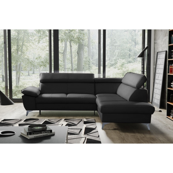 Canapé d'angle convertible en cuir italien de luxe 5 places WARREN II, avec coffre, noir, angle droit