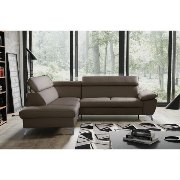 Canapé d'angle convertible en cuir italien de luxe 5/6 places WARREN II, avec coffre, taupe, angle gauche