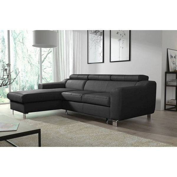 - Canapé d'angle convertible en cuir italien de luxe 5 places ASTORIA, noir, angle gauche