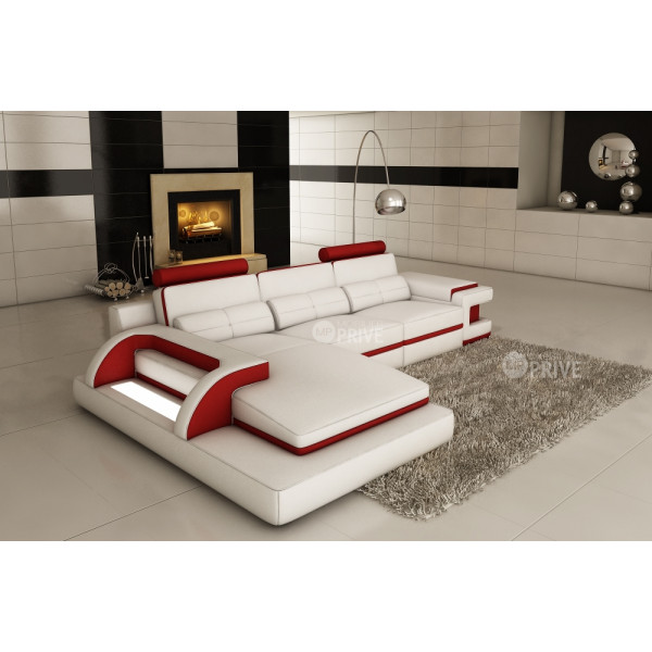 Canapé d'angle en cuir italien 6 places VINOTI, blanc et rouge