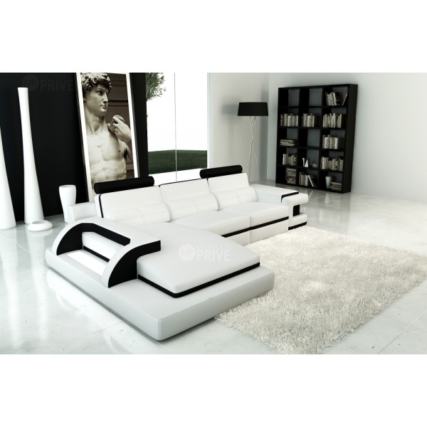 Canapé d'angle en cuir italien 6 places VINOTI, blanc et noir