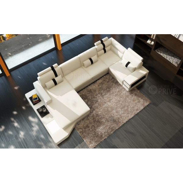 Canapé d'angle en cuir italien 8 places VENISE, gris foncé / blanc.