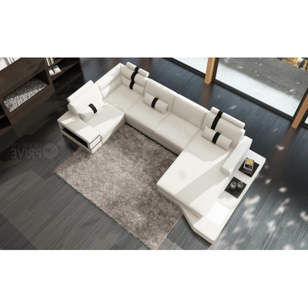 Canapé d'angle en cuir italien 8 places VENISE, blanc/noir.