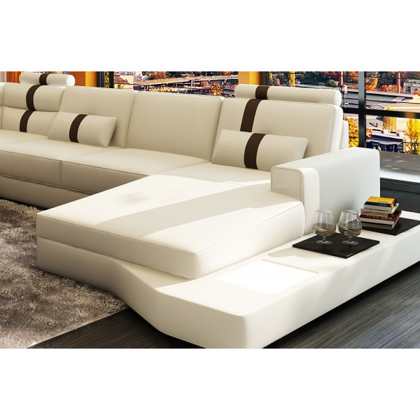 Canapé d'angle en cuir italien 8 places VENISE, blanc/noir.