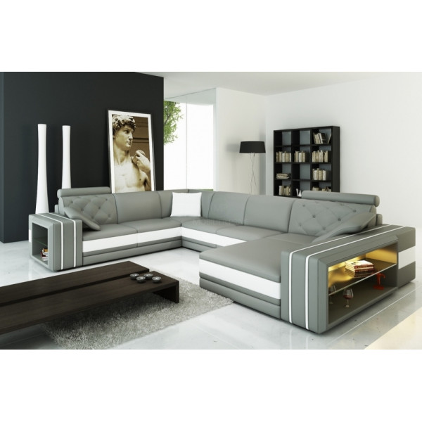 Canapé d'angle en cuir italien 8 places BENTLEY, gris clair et blanc