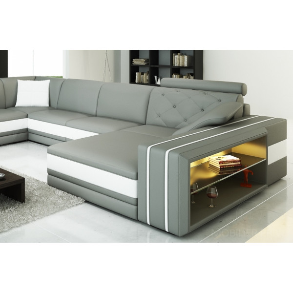 Canapé d'angle en cuir italien 8 places BENTLEY, gris clair et blanc