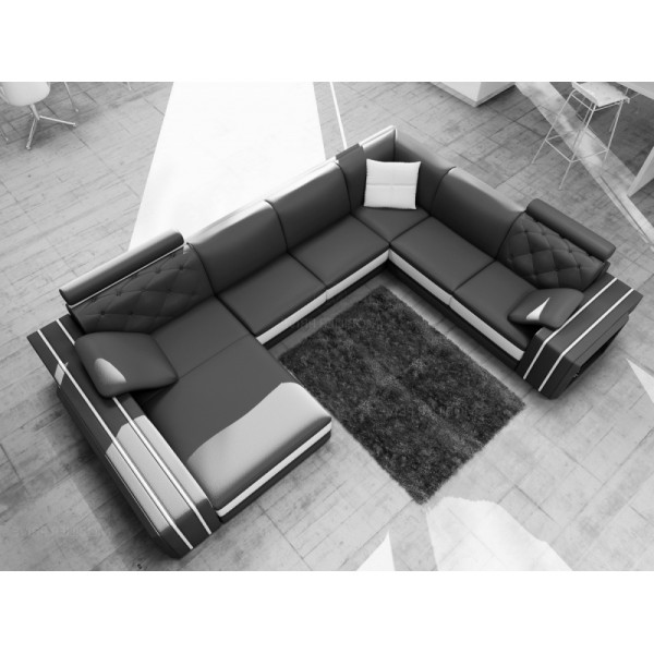 Canapé d'angle en cuir italien 8 places BENTLEY, noir et blanc