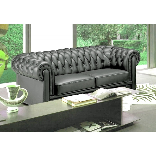 Canapé 3 places en cuir italien CHESTERFIELD, gris foncé