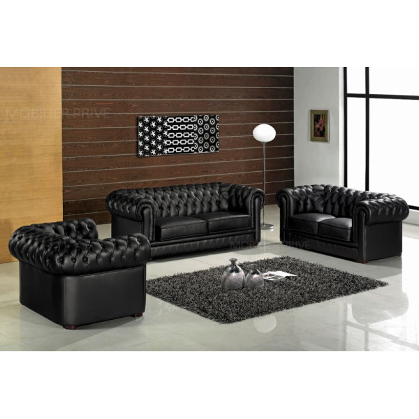 Canapé 3 places en cuir italien CHESTERFIELD, gris foncé